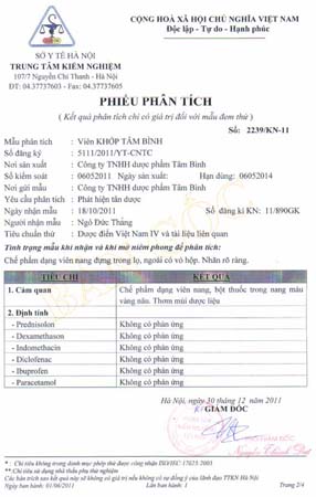 Giấy kiểm định phân tích thành phần của Viên khớp Tâm Bình không chứa corticoid