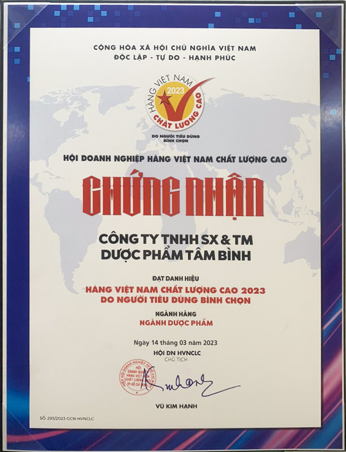 Dược phẩm Tâm Bình đạt chứng nhận “Hàng Việt Nam chất lượng cao” 